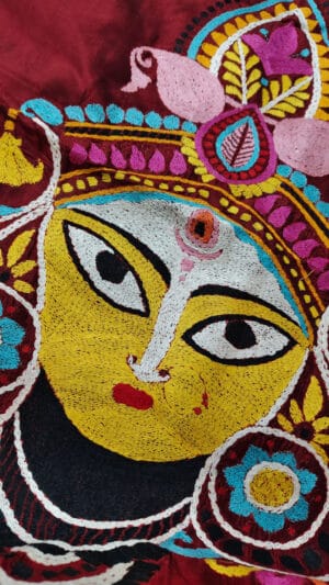 Maroon Bishnupuri Silk Saree with Hand-Painted Durga Anchal and Floral Border