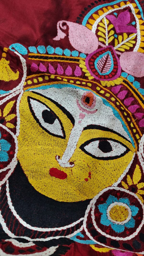 Maroon Bishnupuri Silk Saree with Hand-Painted Durga Anchal and Floral Border