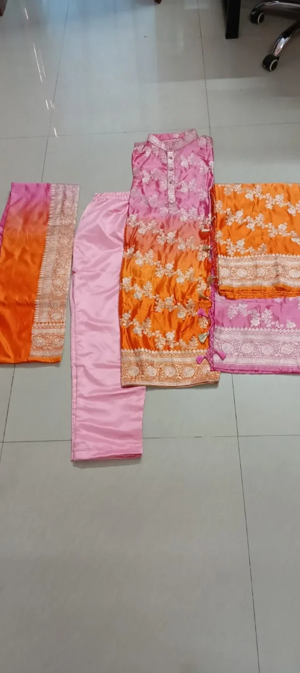 Hot pink and orange Benarasi silk saree with traditional gold zari weaving