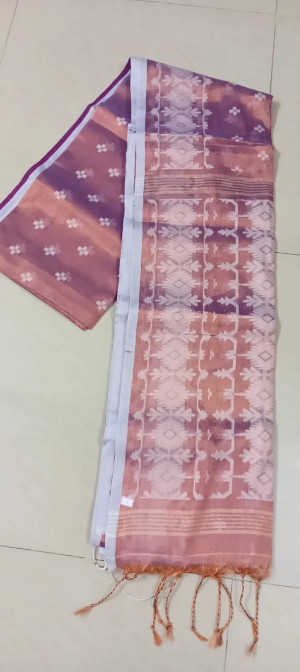 Brown Jamdani saree in tissue silk with handwoven Bengal motifs