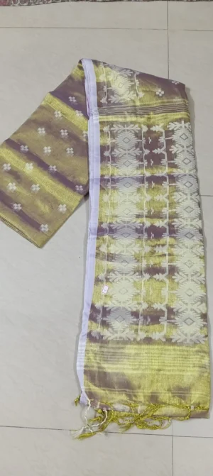 Royal purple Jamdani saree in tissue silk with handwoven Jamdani motifs from Bengal
