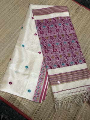 Stunning Elegance Off-White Tussar Jamdani Saree with Maroon Kolka Aanchal