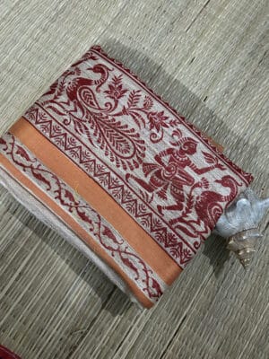 Natural Beige Gicha Tussar Saree with Burnt Orange Border