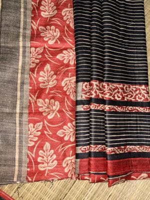 Crimson Red Gicha Tussar Saree with Black Striped Aanchal
