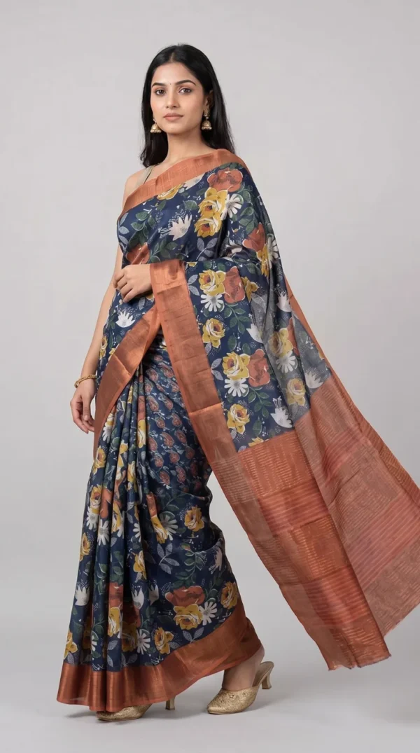 Slate Blossom Contemporary Tussar saree with Bold Zari