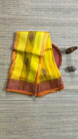 Yellow color with stripe golden zari border Kora Rangkat saree