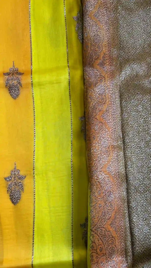 Yellow color with stripe golden zari border Kora Rangkat saree