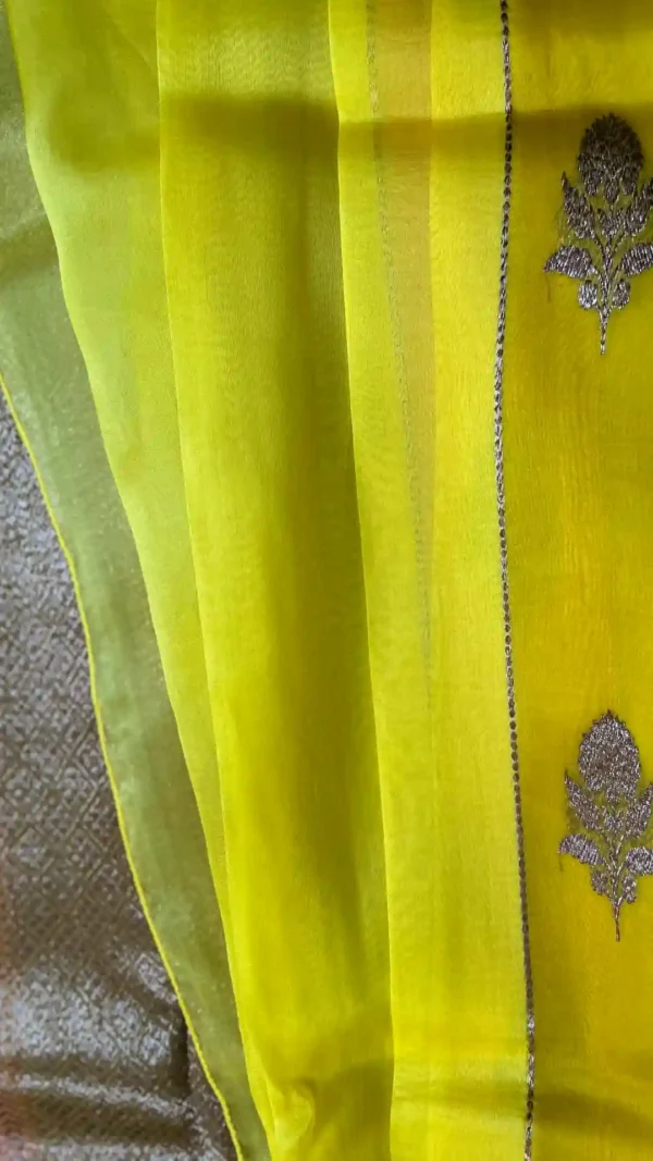 Yellow color with stripe golden zari border Kora Rangkat saree