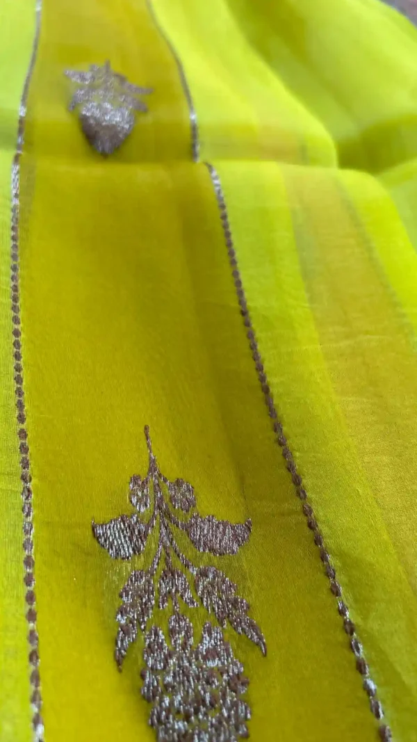 Yellow color with stripe golden zari border Kora Rangkat saree