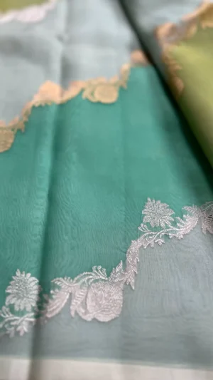 Cyan green color with golden zari stripe Kora Rangkat saree