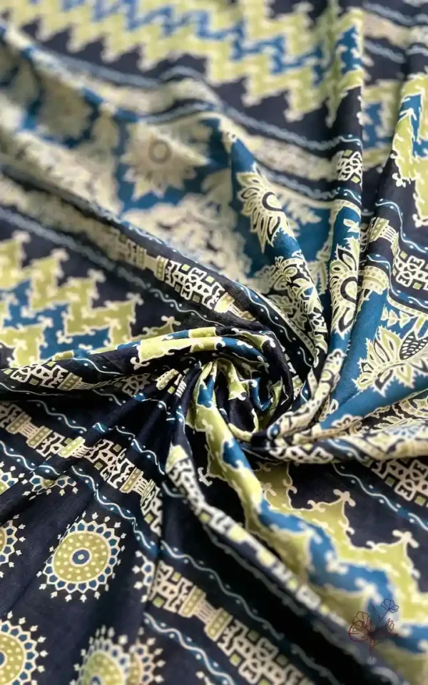 Black Hand Block Printed Zari Border Ajrak Cotton Saree