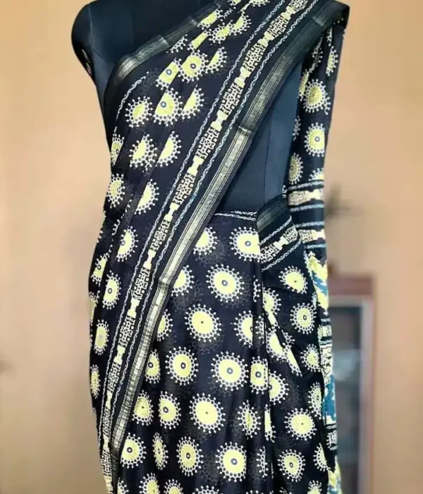 Black Hand Block Printed Zari Border Ajrak Cotton Saree