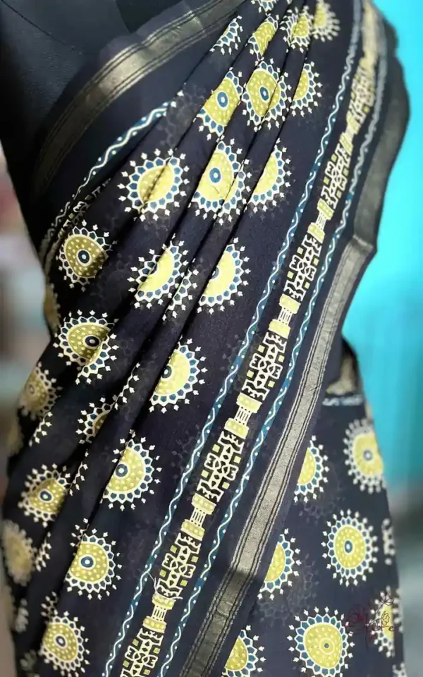 Black Hand Block Printed Zari Border Ajrak Cotton Saree