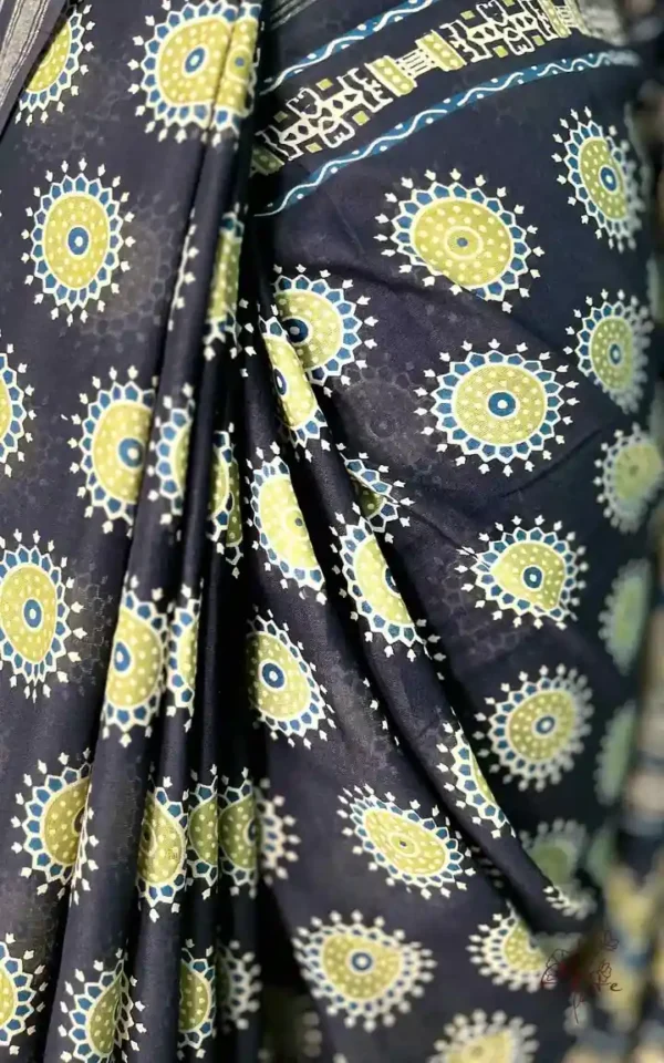 Black Hand Block Printed Zari Border Ajrak Cotton Saree