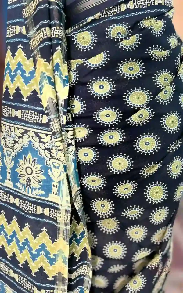 Black Hand Block Printed Zari Border Ajrak Cotton Saree
