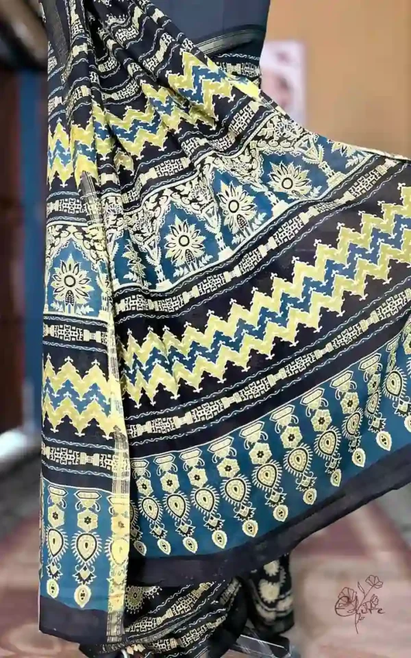 Black Hand Block Printed Zari Border Ajrak Cotton Saree