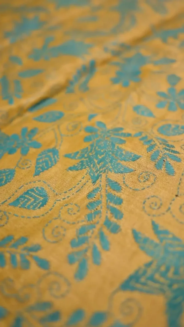 Slate color with yellow stitch work on Tussar silk saree