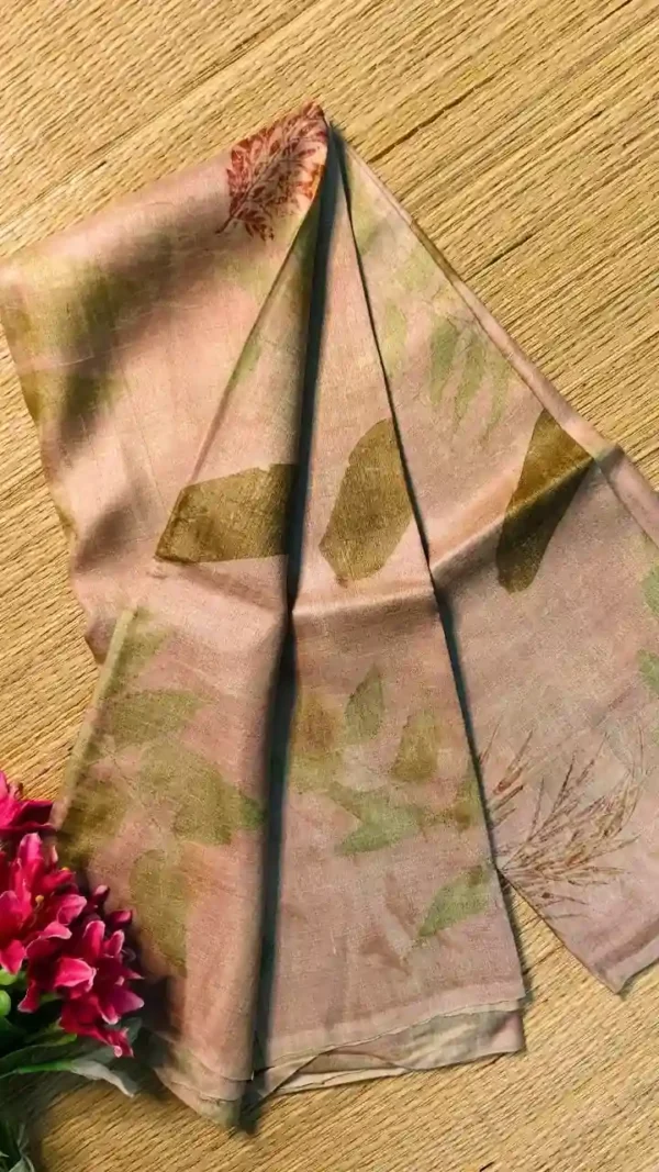 Baby pink color eco printed Tussar silk saree Saree