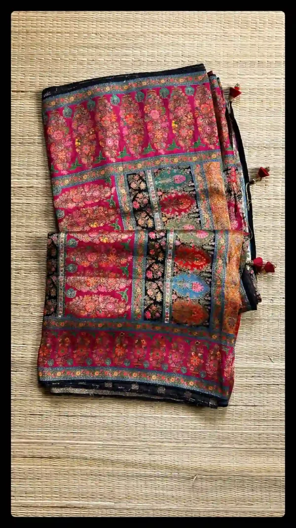 Multicolored on Black Kashmiri Kani Silk Saree with Tassels on Aanchal