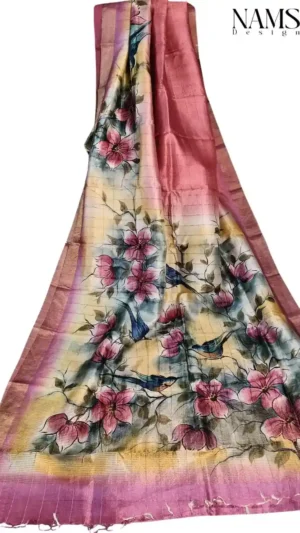 Wine Tussar Zari Floral Saree