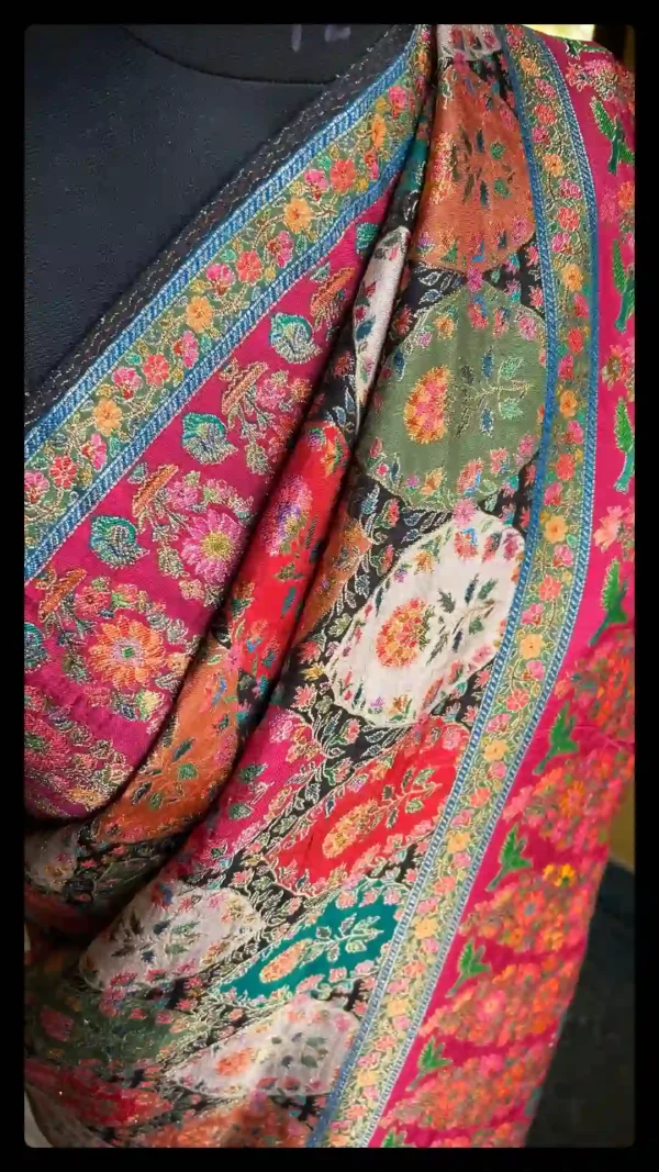 Multicolored on Black Kashmiri Kani Silk Saree with Tassels on Aanchal