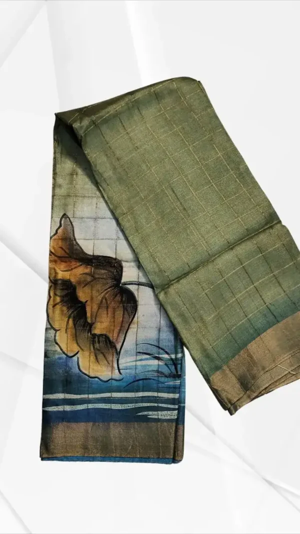 Light Green Tussar Zari Hand Painted Saree