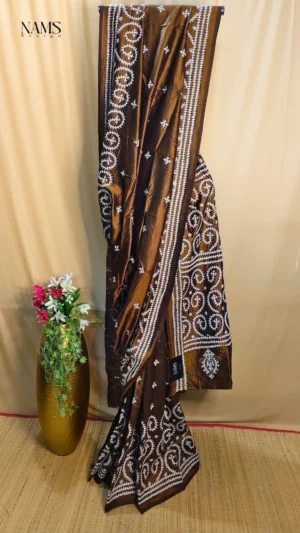 Copper Gold Bangalore Silk Gujarati Kantha Saree – Exquisite Handcrafted Elegance