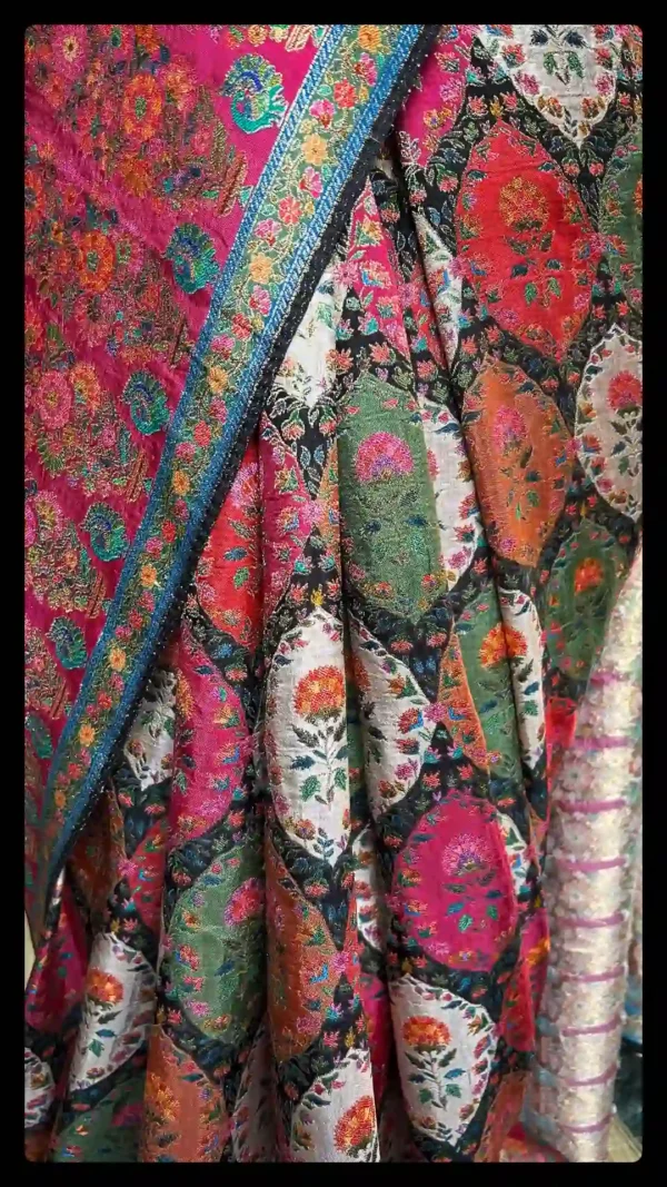 Multicolored on Black Kashmiri Kani Silk Saree with Tassels on Aanchal