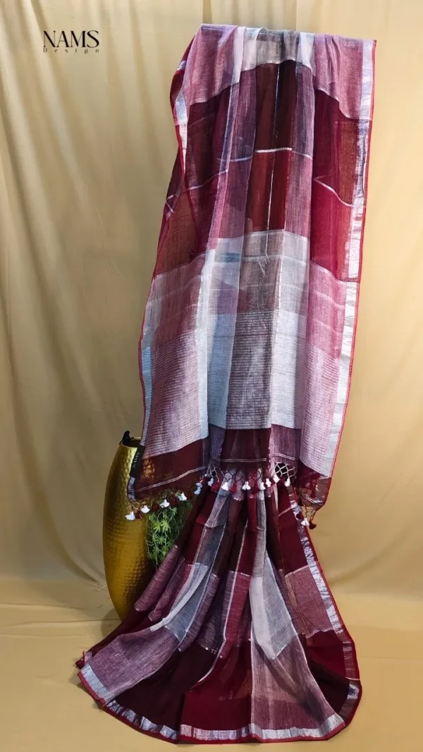 Silver and Maroon Check Linen Saree