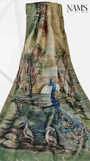 Pesta Green Tussar Zari Hand Painted Saree