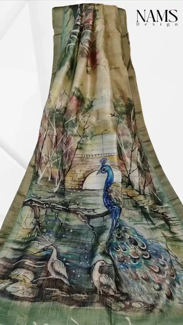 Pesta Green Tussar Zari Hand Painted Saree