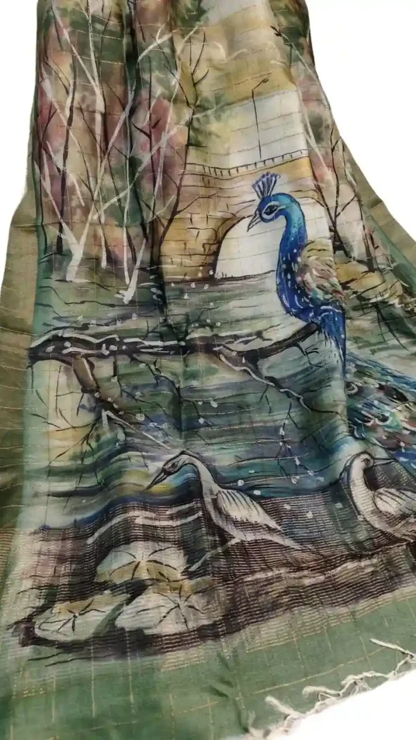 Pesta Green Tussar Zari Hand Painted Saree