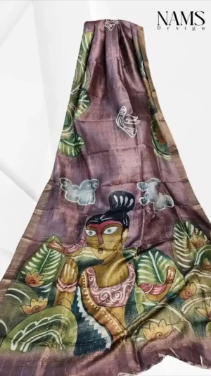 Wine Tussar Zari Hand Painted Saree