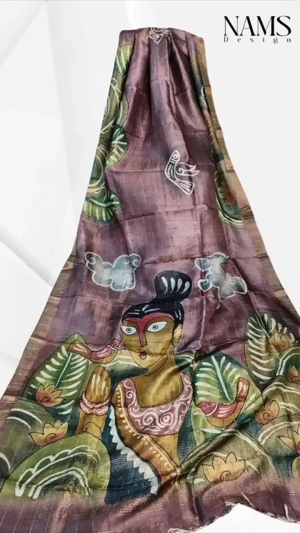 Wine Tussar Zari Hand Painted Saree