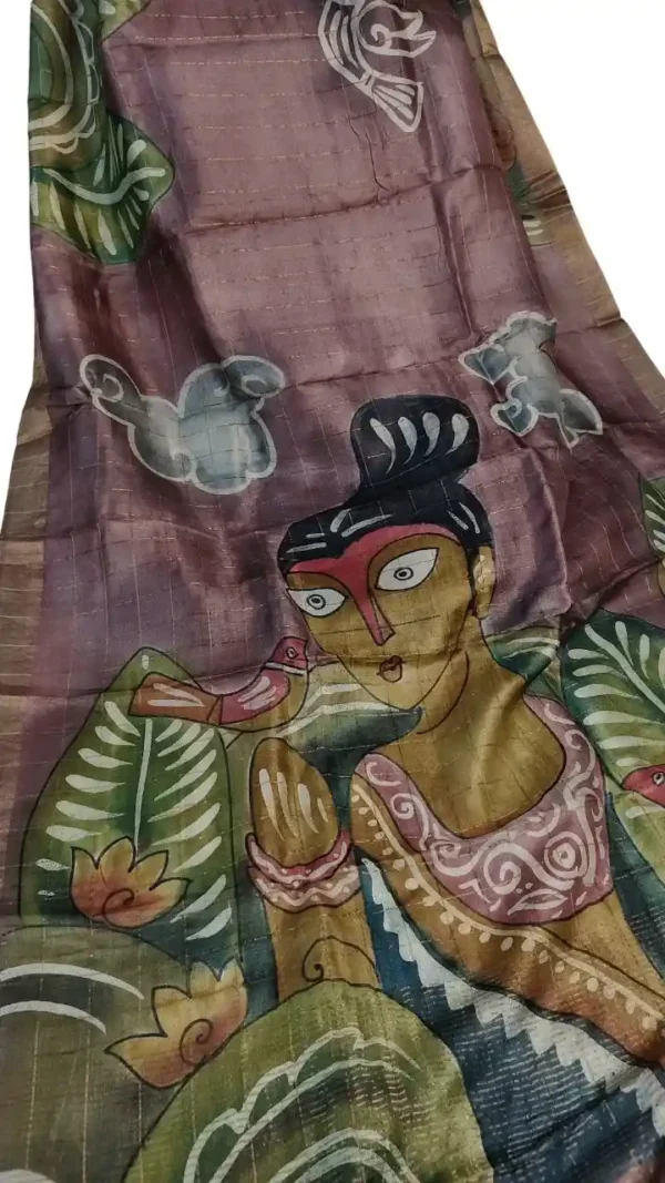 Wine Tussar Zari Hand Painted Saree