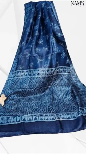 Navy Blue Tussar Needle Print Saree
