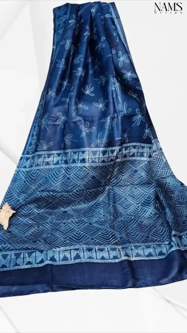 Navy Blue Tussar Needle Print Saree