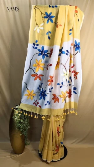 Yellow Cotton Kardana Work Saree: Exquisite Handloom for Radiant Style