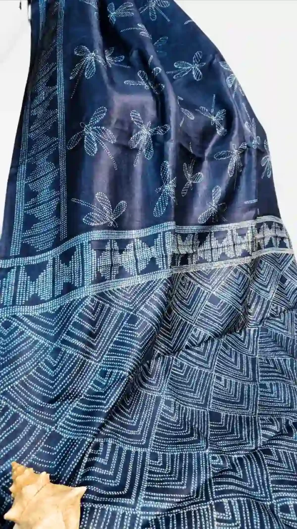Navy Blue Tussar Needle Print Saree