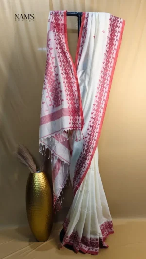 Off white color with red border cotton Jamdani saree