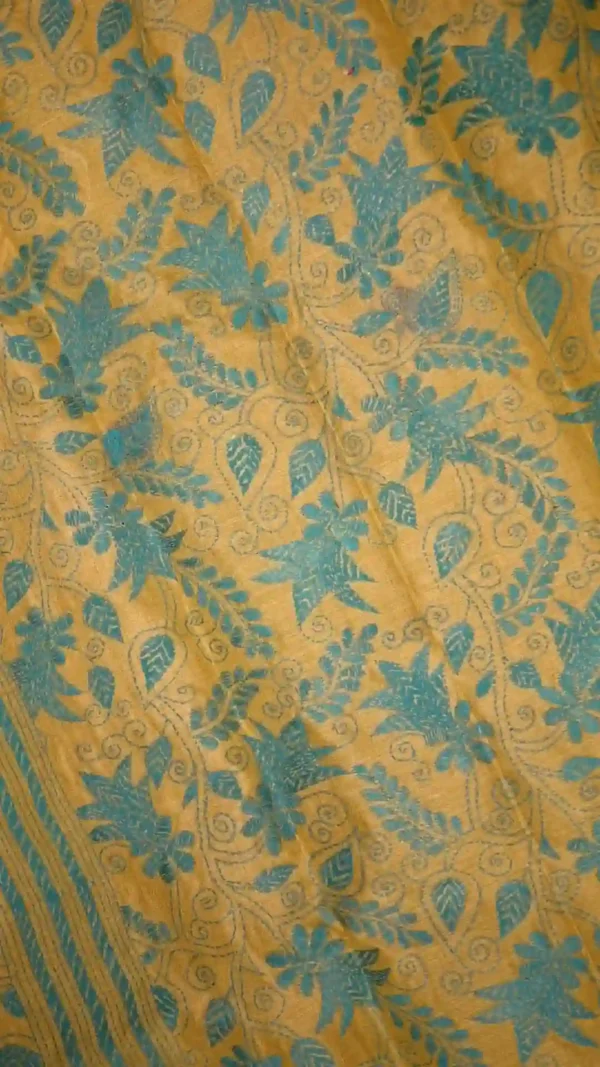 Slate color with yellow stitch work on Tussar silk saree
