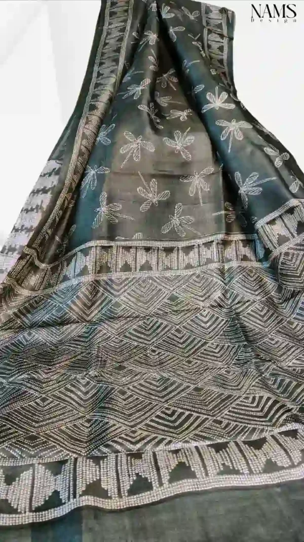 Dark Green Tussar Needle Print Saree