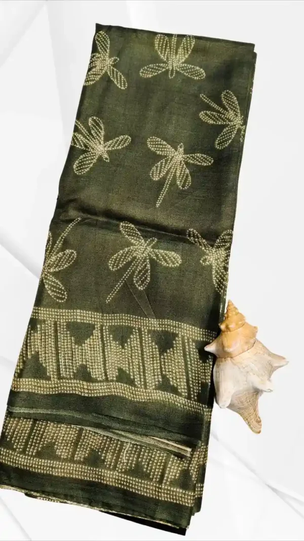 Dark Green Tussar Needle Print Saree