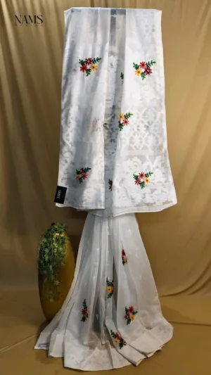 White Jamdani Floral Hand Stitch Saree – Exquisite Handloom Artistry for Elegant Occasions
