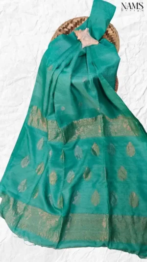Cyan Green Tussar Zari Saree