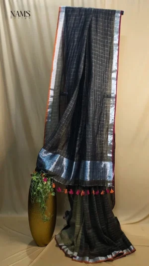 Bold Pista Green Zari Check Linen Saree