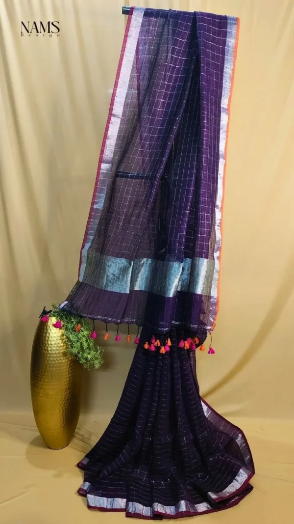 Purple Zari Check Linen Saree