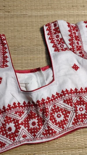 Pristine White Silk Blouse with Stunning Red Contrast Gujarati Kutch Embroidery