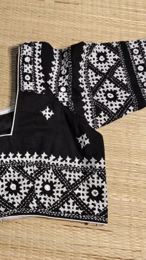 Eternal Black Silk Blouse with Detailed White Gujarati Kutch Embroidery