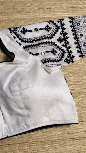 Serene White Silk Blouse with Black Gujarati Kutch Embroidery